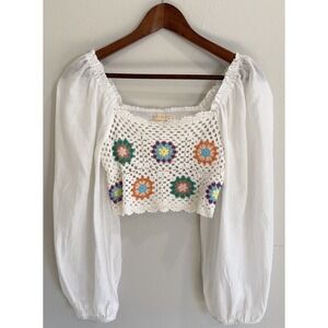 Chrysanthemum Boho Crochet Crop Top Sheer Peasant Sleeve Festival Blouse Women M
